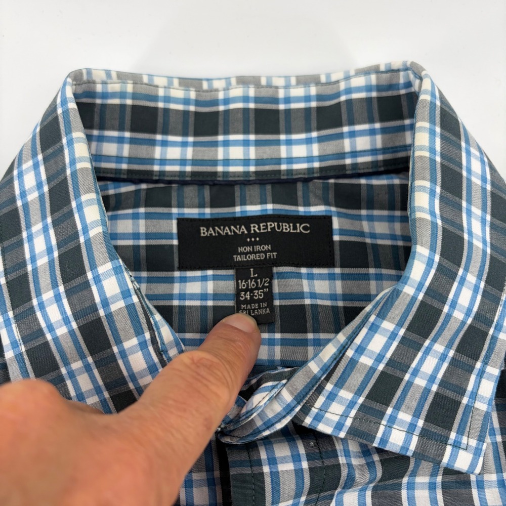 Banana Republic Mens Tailored‎ Fit Non Iron Plaid Shirt Blue Black L 16-16.5 - Picture 3 of 10